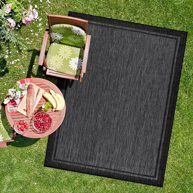 CAMILSON Indoor Outdoor Rug, 8x10 Bordered Dark Gray Black Modern Area Rugs by CAMILSONIndoorOutdoorAreaRugs