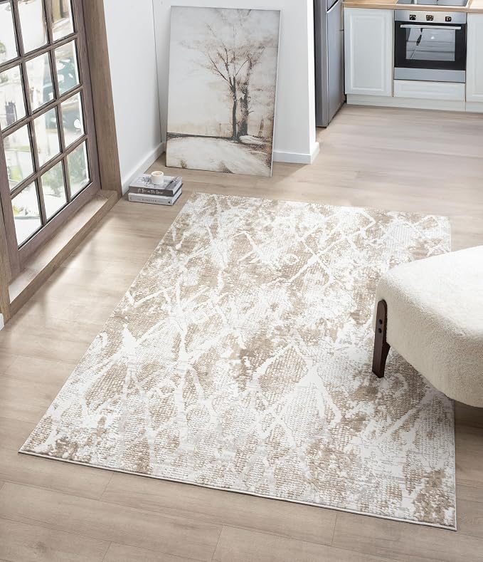 Adel Modern Area Rug for Living Room, 5x7 Rustic Distressed Abstract Beige by RUGGERRUGS