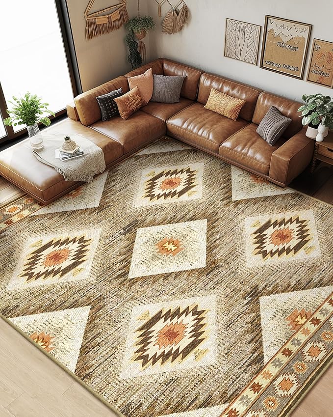 Area Rug 7x9 Rug Machine Washable Non-Slip Low Pile Print Pattern Western Rug by BESTSWEETIE