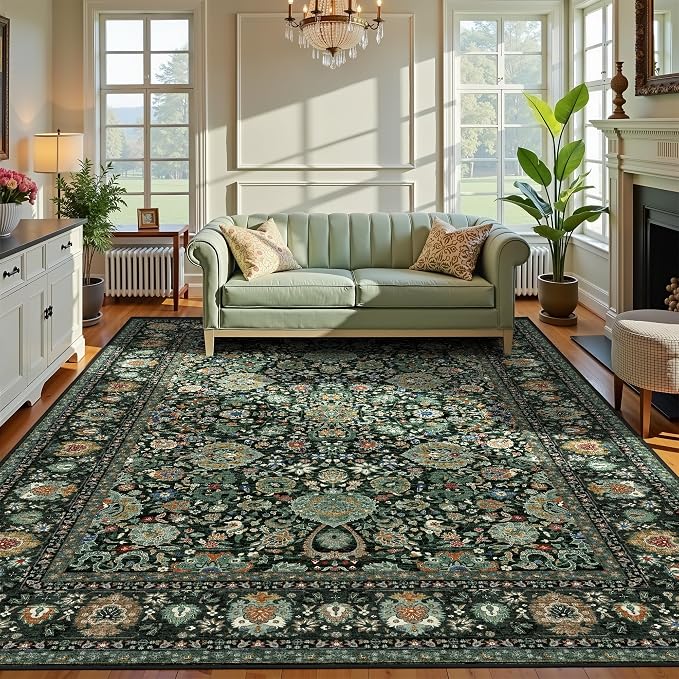 Dark Green Floral Living Room Rug 5x7 Washable Rugs Boho Vintage Oriental Large - Image 6