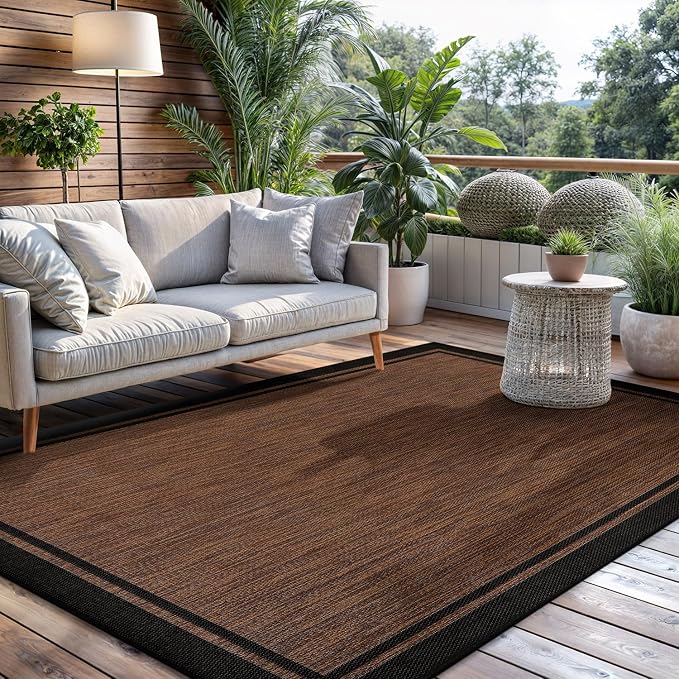 CAMILSON Indoor Outdoor Rug, 5x7 Bordered Nut Brown Black Modern Area Rugs - Image 9
