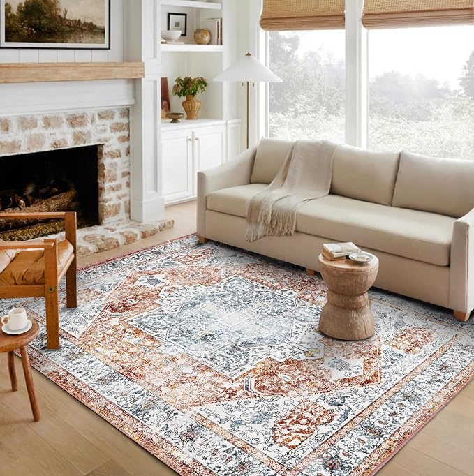 Area Rug 6x9 Washable Rug Tangerine Vintage Traditional Floor Cover Thin Retro - Image 2