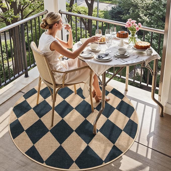 Lahome Checkered Round Entryway Rug 4ft, Circle Indoor Outdoor Patio Rug - Image 6