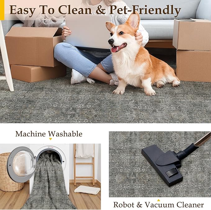 Grey Brown Runner Rug 2x8 Vintage Carpet Hallway Long Indoor Kitchen Washable - Image 4