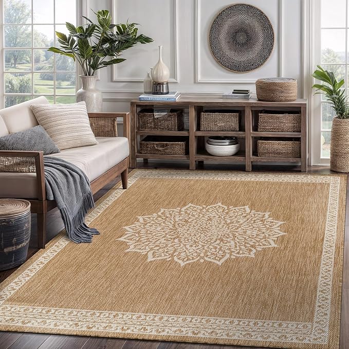 CAMILSON Outdoor Rug 6x9 Medallion Natural Modern Area Rugs - Image 9