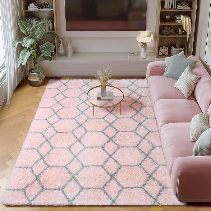 ONASAR Area Rugs for Bedroom Living Room, Washable 4x6 Fluffy Pink and Grey by ONASAR