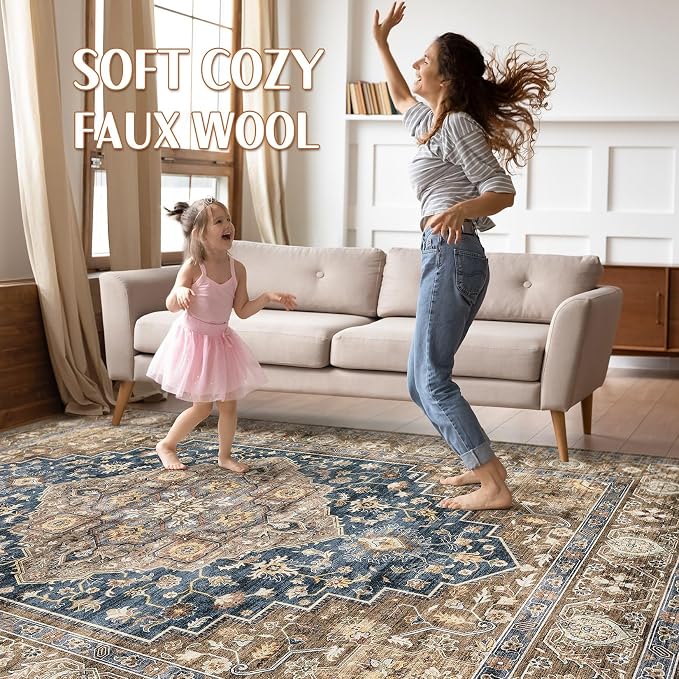 8x10 Area Rugs Living Room: Washable Boho Large Neutral Vintage Soft Rug Stain - Image 3