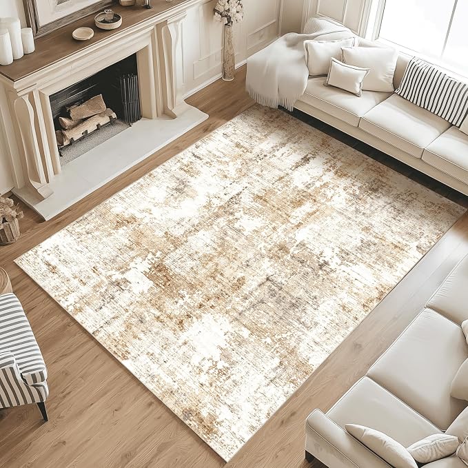 FMFUNCTEX 6x9 Washable Area Rug Brown Grey Neutral Abstract Modern Large Non - Image 2