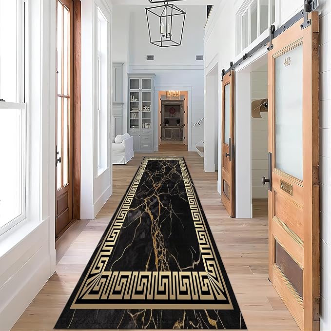 Black Gold Marble Texture Entryway Carpet, Greek Key Geometric Design Bedroom - Image 2