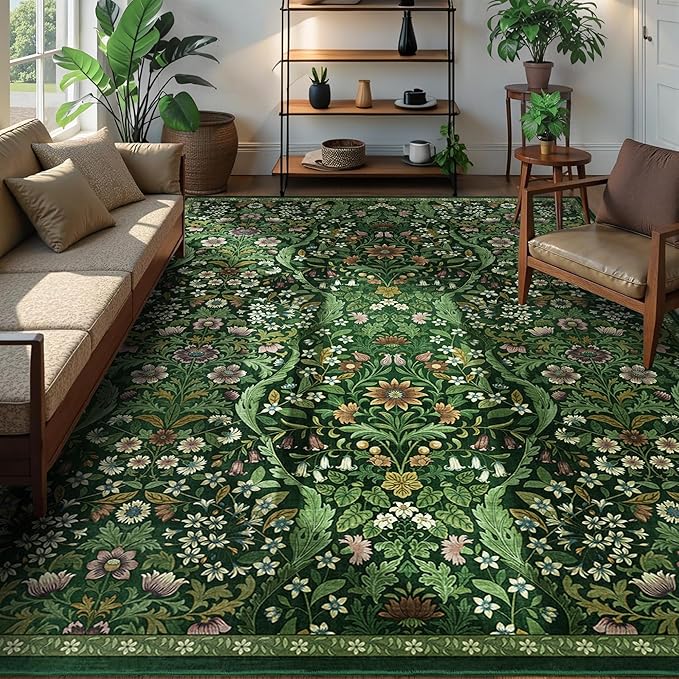 9x12 Dark Green Vintage Floral Area Rug, Washable Large Boho Living Room Rugs by NakedCloud