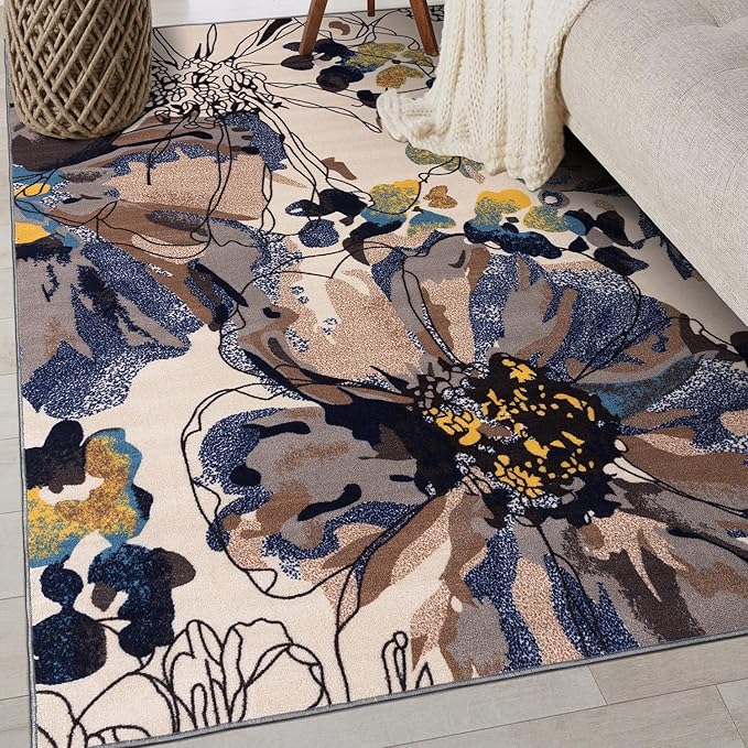 Rugshop Cream Bright Flowers Non Slip Non-Shedding Area Rug by Rugshop