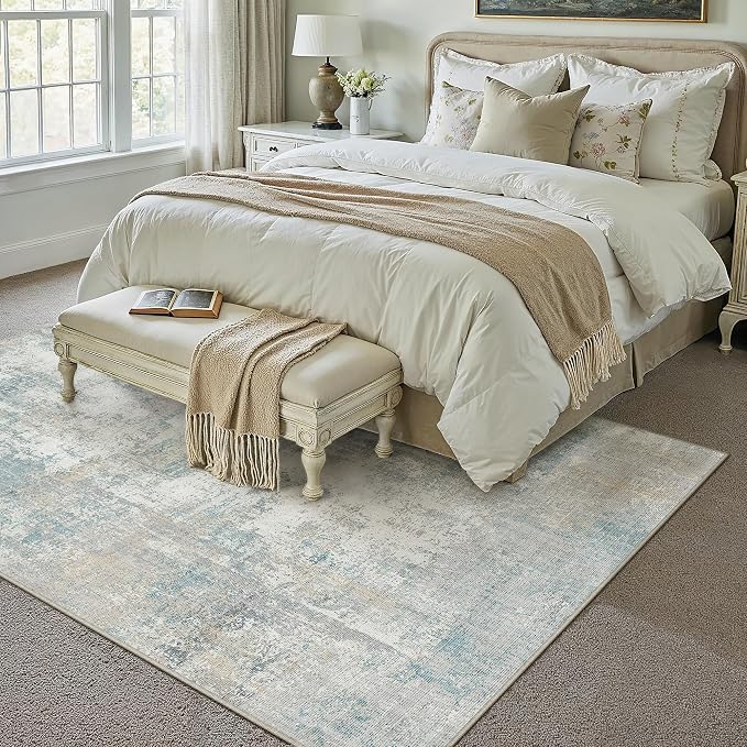 10x12 Area Rug Blue Cream Abstract Living Room Bedroom Washable Carpet Neutral - Image 3