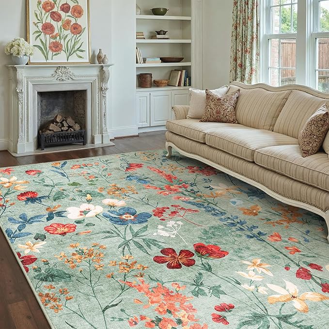 Green Area Rug 5x7 Floral Washable Living Room Kitchen Boho Carpet Non Slip Low - Image 5