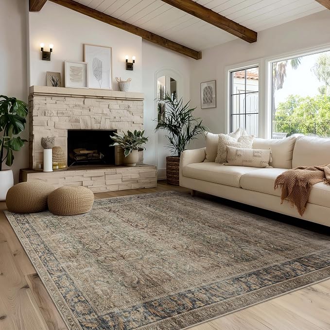 Fmfunctex 5x7 Washable Area Rug Neutral Vintage Brown Distressed Non Slip Low - Image 9