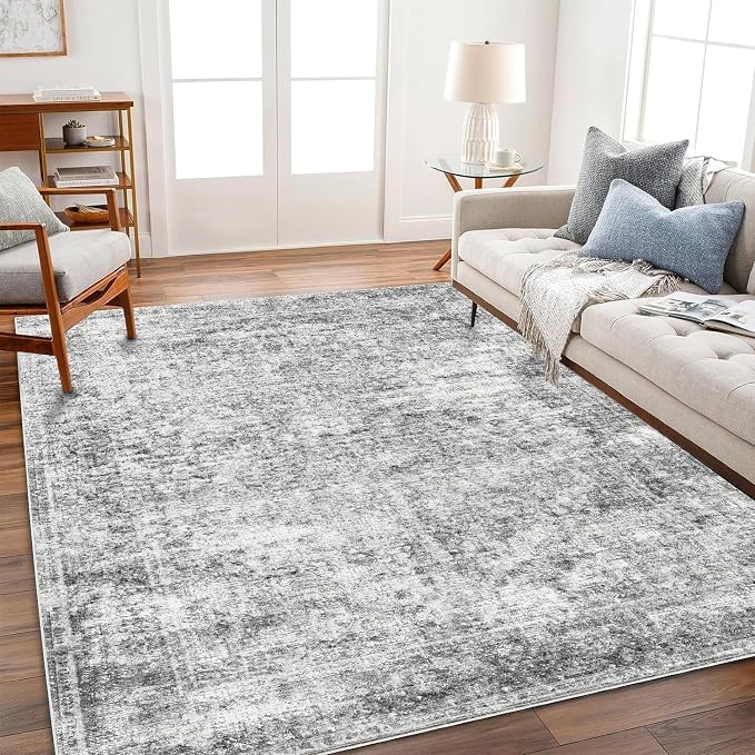 Area Rug 9x12 Washable Gray Vintage Traditional Mat Distressed Indoor Foldable by CHAMPLANT