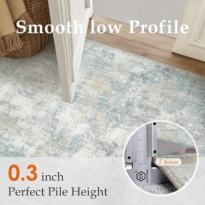 2x5 Washable Runner Rug Blue Cream Abstract Hallway Kitchen Throw Rug Neutral - Image 7