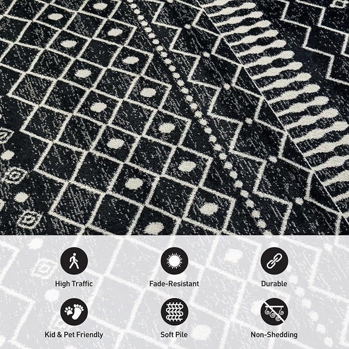 Rugshop Boho Black and White Tribal Area Rug – Geometric Diamond and Stripe - Image 4