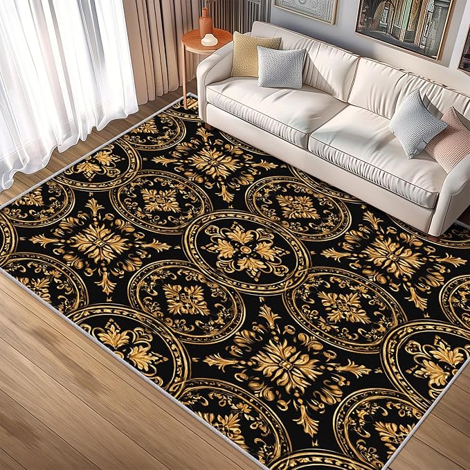 Black Gold Baroque Rug, Washable 5x7 Rug - Image 2