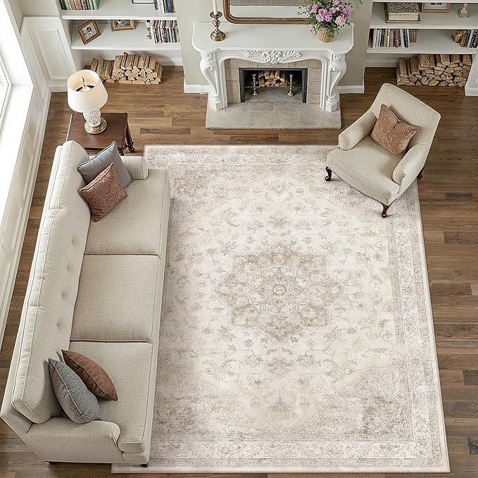 Beige Area Rug 9x12 Washable Vintage Carpet - Image 6