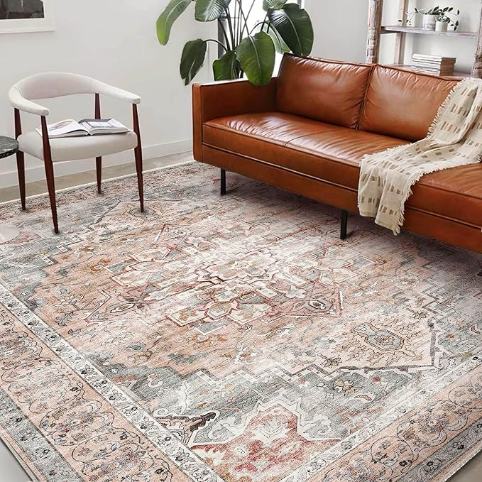 Washable Area Rug 8'x10' Light Cyan and Light red Retro Boho Design by CHAMPLANT