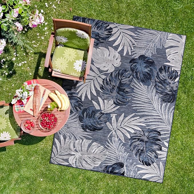 CAMILSON Indoor Outdoor Rug Navy Blue 4x6 Leaf Tropical Botanical Area Rugs - Image 4