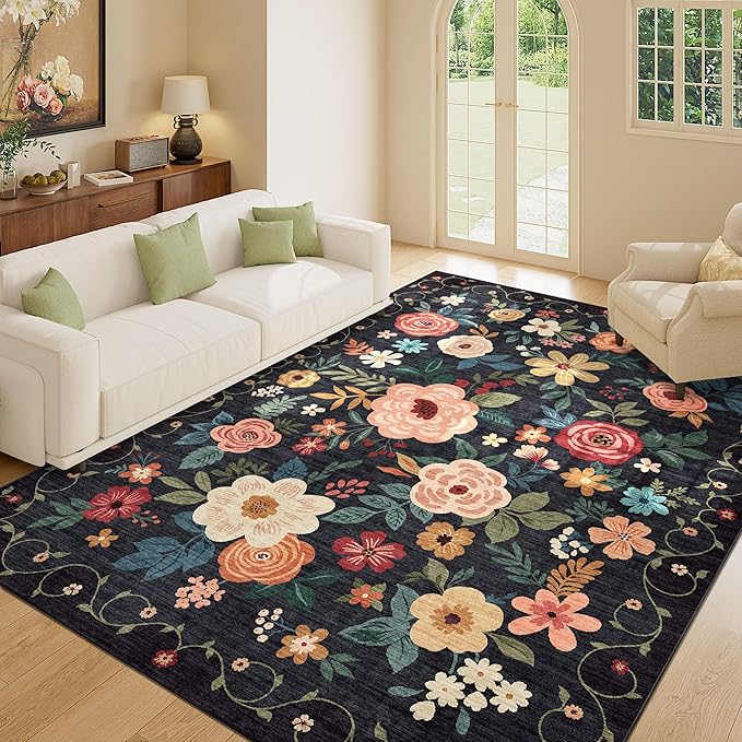 DUKINO 5x7 Area Rug, Floral Design, Lightweight Non Slip Washable, Indoor Low - Image 2
