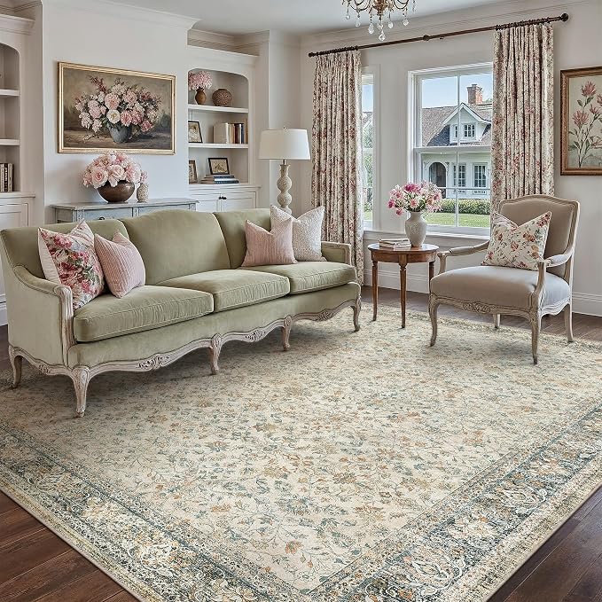 Beige Area Rug 8x10 Living Room Machine Washable Vintage Carpet Non Slip Indoor - Image 5