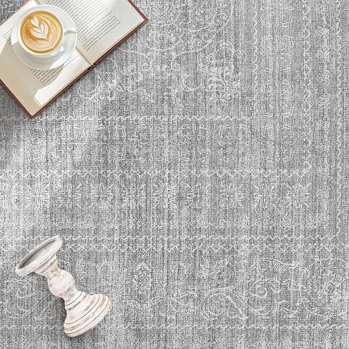 10x12 Area Rug Living Room: Washable Large Vintage Grey Rug Neutral Non-Slip - Image 8
