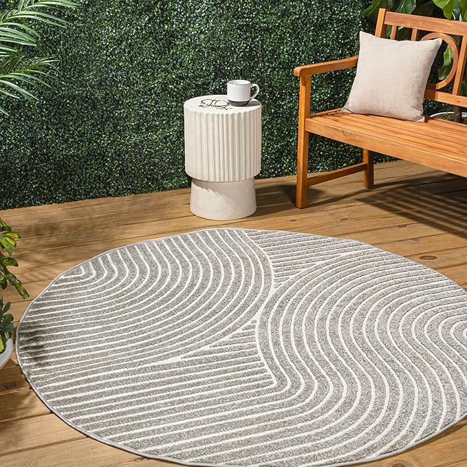 JONATHAN Y Hallie High-Low Curve Gray/Ivory 5' Round Indoor/Outdoor Area Rug by JONATHANY