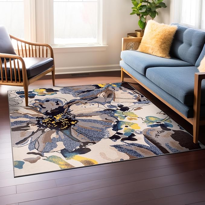 Rugshop Cream Bright Flowers Non Slip Non-Shedding Square Area Rug - Image 8