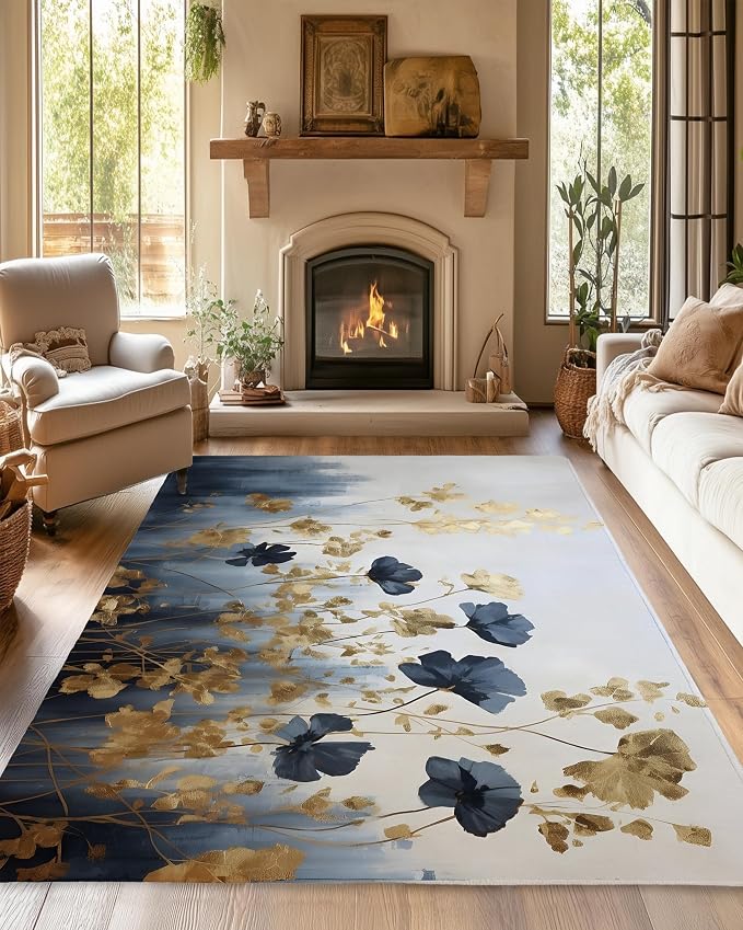 Blue Gray Flower Area Rug for Living Room, Non-Slip Backing Low Pile Modern by Gearsly