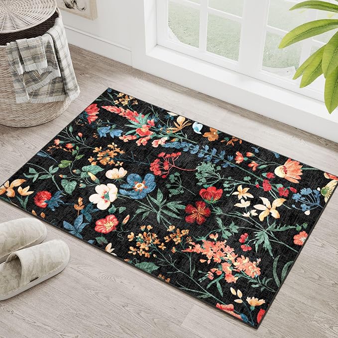 Black Area Rug 2x3 Entryway Floral Boho Door Mat Indoor Washable Kitchen Carpet - Image 5