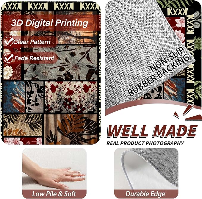 Vintage Jungle Floral Area Rug 4x6ft, Tropical Leaf Print Low Pile Carpet - Image 5
