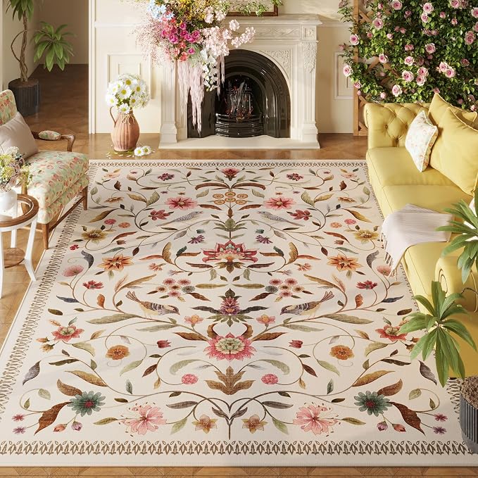 Vintage Medallion Floral 5x7 Area Rugs, Machine Washable Non-Slip, Low Pile by Vowkten