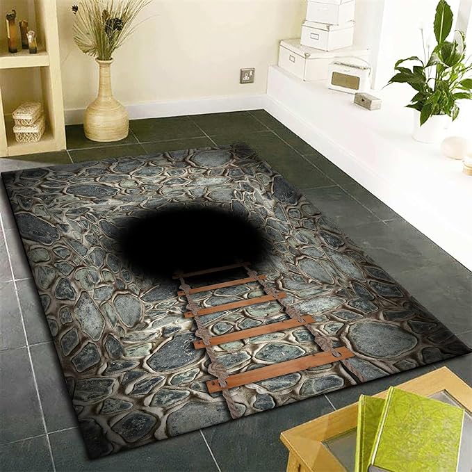 3D Deep Abyss Canyon Indoor Rug, Stone Built Cave Wooden Ladder Carpet - Image 3