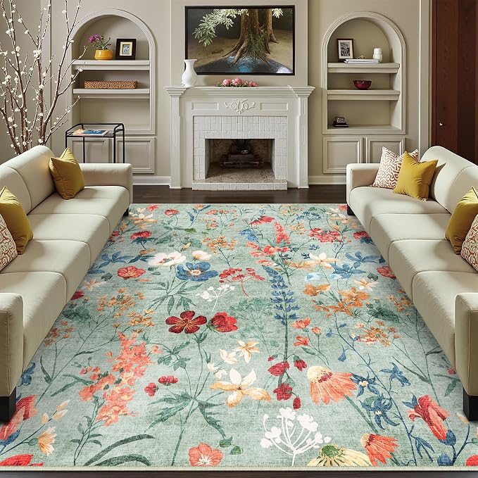 Green Area Rug 8x10 Floral Washable Living Room Kitchen Boho Carpet Non Slip - Image 6