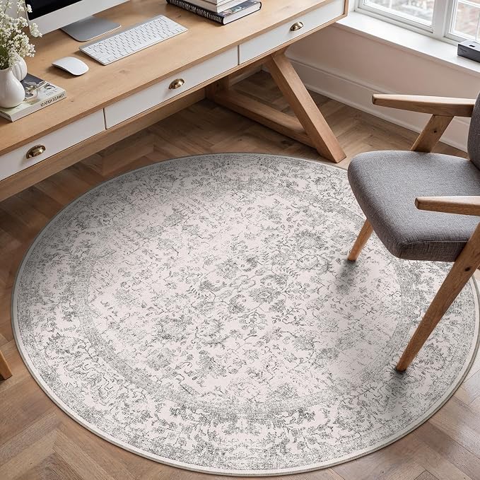 Grey Round Area Rug 4ft Entryway Door Mat Small Circle 4x4 Kitchen Vintage - Image 5