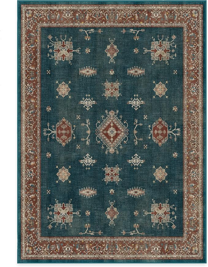 RUGGABLE Washable Vintage Area Rug – Verena Teal Blue 5x7, Stain-Resistant by RUGGABLE