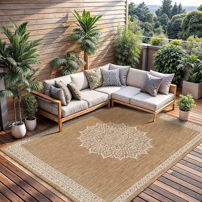 CAMILSON Outdoor Rug 10x14 Medallion Natural Modern Large Area Rugs - Image 4