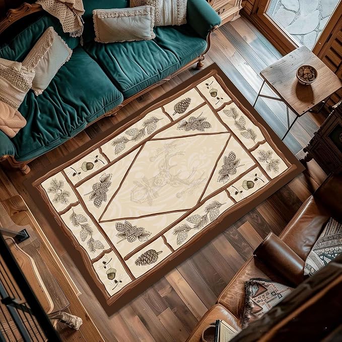 Country Cottage Deer Area Rugs 5x6ft Animal Plant Pine Cone Leaves Branches - Image 4