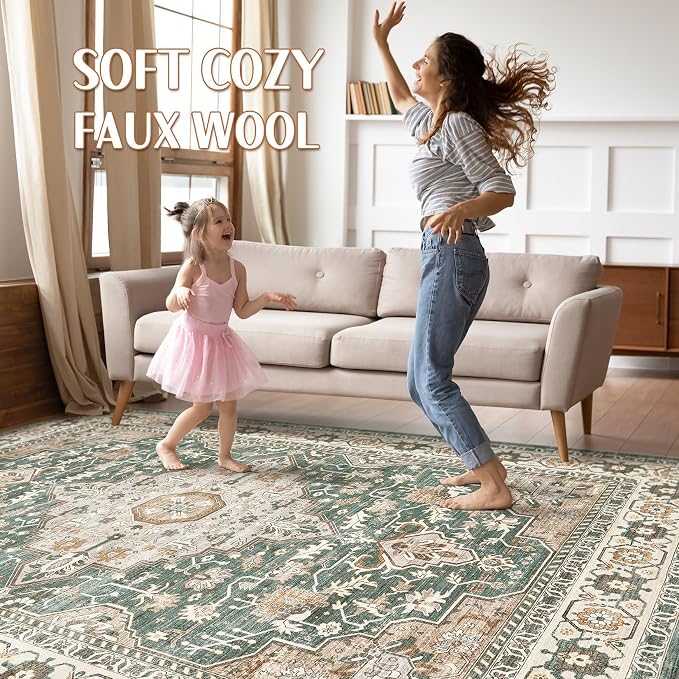 Green Rug Living Room Rugs: 7x10 Washable Boho Large Vintage Soft Stain - Image 3