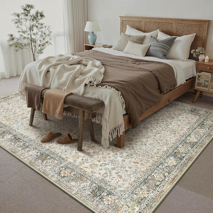 Beige Area Rug 8x10 Living Room Machine Washable Vintage Carpet Non Slip Indoor - Image 6