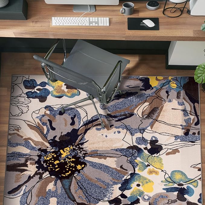 Rugshop Cream Bright Flowers Non Slip Non-Shedding Square Area Rug - Image 9