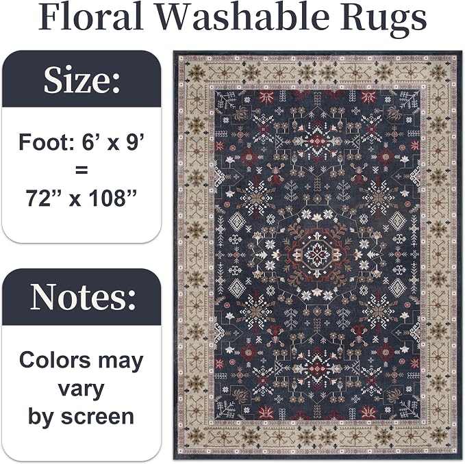 6x9 Washable Blue Area Rug for Living Room Bedroom, Boho Dining Room Rugs for - Image 5