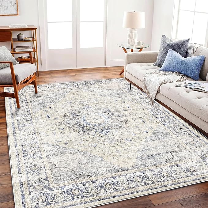Area Rug 6'x9' Washable Floral Blue Vintage Traditional Floor Cover Thin Retro by CHAMPLANT
