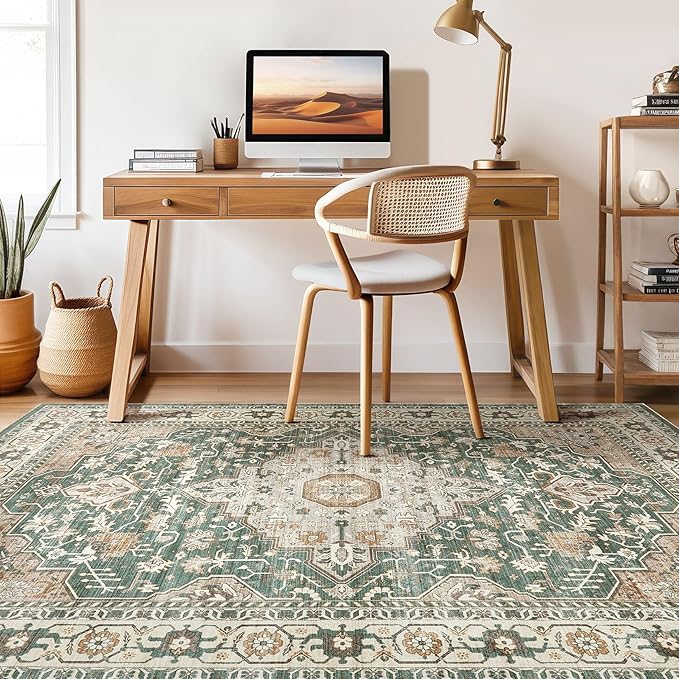 Green Rug Living Room Rugs: 10x12 Washable Boho Large Vintage Soft Stain - Image 7