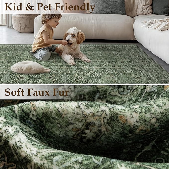 Green Area Rug 2x3 Entryway Washable Soft Carpet Vintage Non Slip Indoor - Image 3