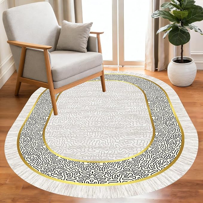 Off White Black Gold Indoor Rugs Modern Minimalist Abstract Geometric Pattern - Image 2