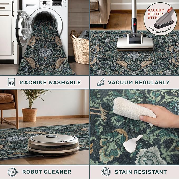 Vintage 4x6 Washable Entryway Rug, Non-Slip Low Pile Stain Resistant Carpet - Image 4
