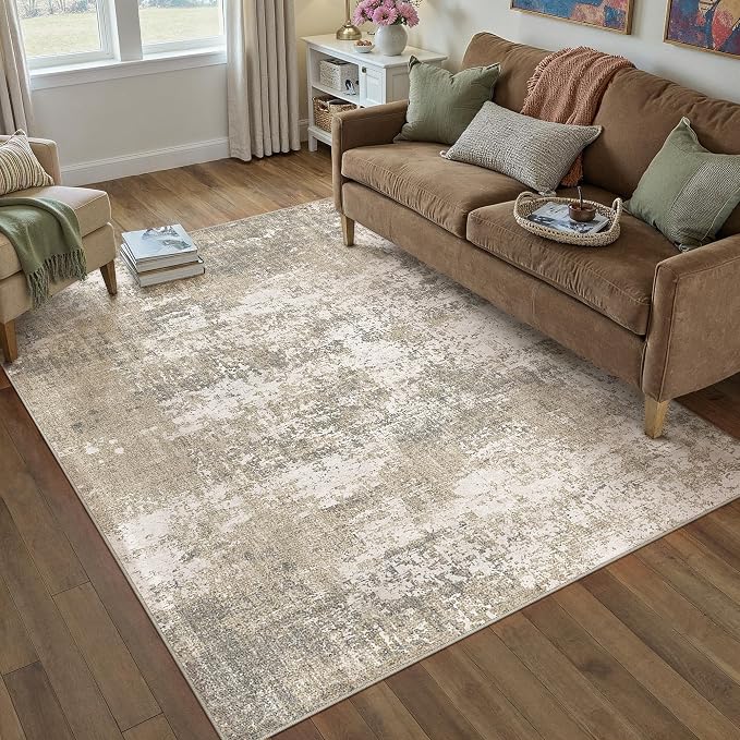 Beige Area Rug 4x6 Machine Washable Modern Abstract Office Carpet Neutral Non - Image 6